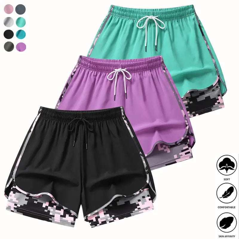 3-Pack Women’S Camo 2-In-1 5-Inch Running Shorts, Anti-Exposure Workout Shorts with Inner Pocket, Quick Dry Breathable Lightweight Fabric & Adjustable Drawstring Waist for Fitness