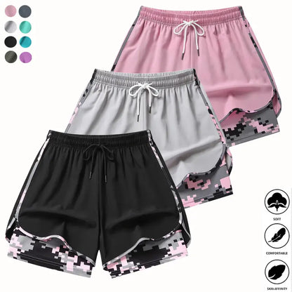 3-Pack Women’S Camo 2-In-1 5-Inch Running Shorts, Anti-Exposure Workout Shorts with Inner Pocket, Quick Dry Breathable Lightweight Fabric & Adjustable Drawstring Waist for Fitness