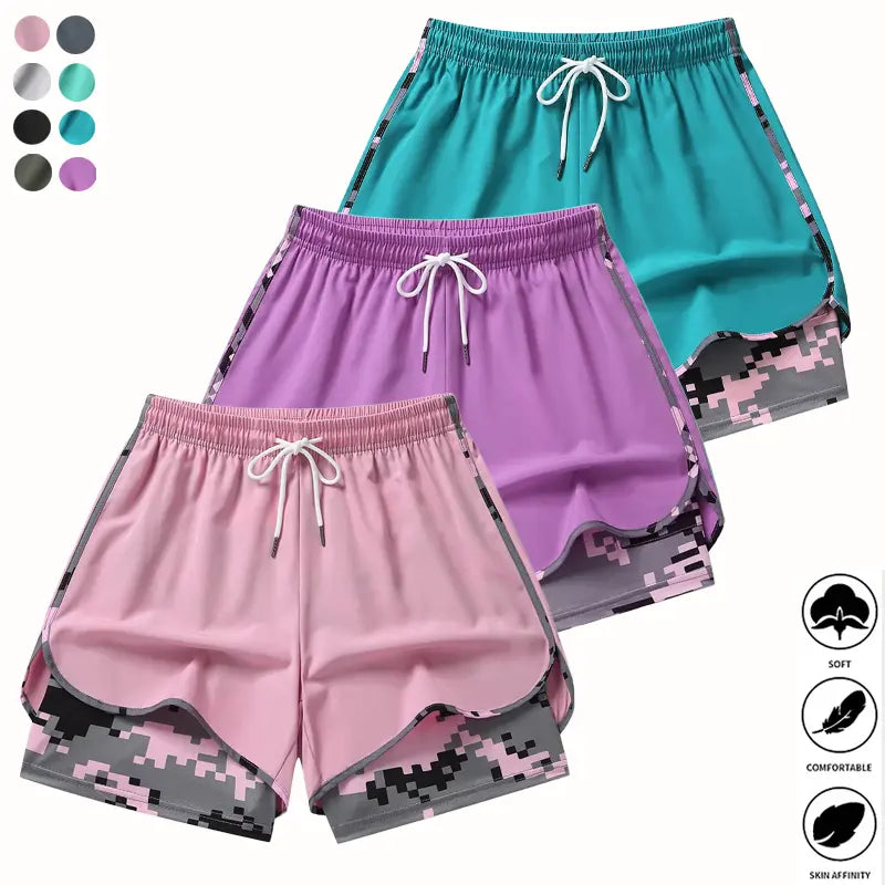 3-Pack Women’S Camo 2-In-1 5-Inch Running Shorts, Anti-Exposure Workout Shorts with Inner Pocket, Quick Dry Breathable Lightweight Fabric & Adjustable Drawstring Waist for Fitness