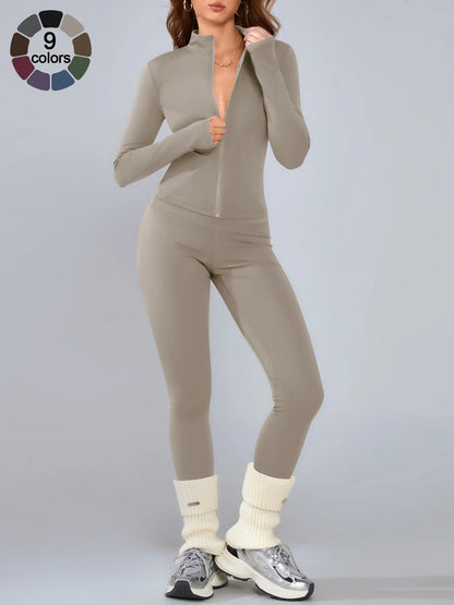 Women'S Sporty Two-Piece Set, Long Sleeve Jacket & Tight-Fit Pants, Breathable Outfit for Yoga, Fall Winter Gym Outdoor Running Clothes, Sportswear Set, Sweatsuit Set, Athleisure Sweatsuit