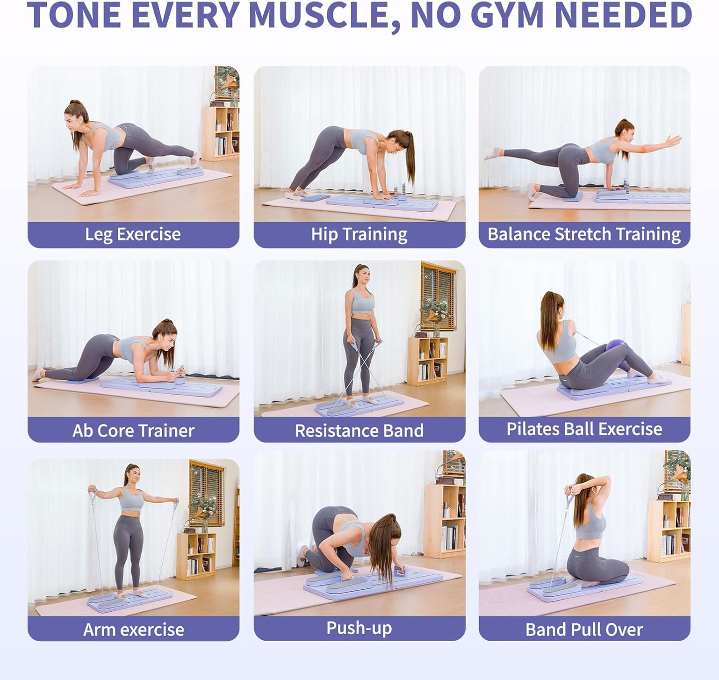 Pilates Board, Reformer Sets, Multifunctional Abdominal for Home Workout Equipment with Pilates Ball ＆ Resistance Bands, Portable Foldable Ab Board Trainer Pilate Exercise Machine for Women