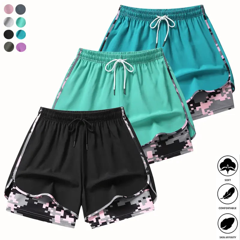 3-Pack Women’S Camo 2-In-1 5-Inch Running Shorts, Anti-Exposure Workout Shorts with Inner Pocket, Quick Dry Breathable Lightweight Fabric & Adjustable Drawstring Waist for Fitness