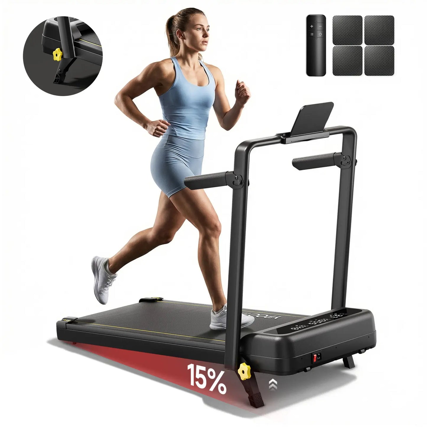 【Summervibes】Ypoo Walking Pad Treadmill with Handrails - 15% Adjustable Incline for Glutes & Legs Activation, Quiet Compact Treadmills for Home, at Home Gym Equipment for Safe Indoor Warm-Up & Daily Steps Tiktokshopspringglowup