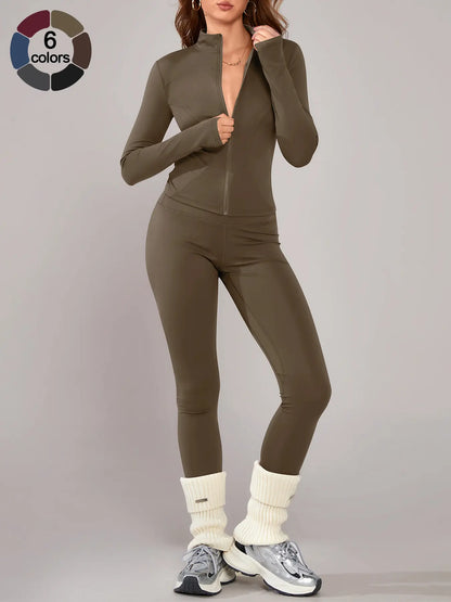 Women'S Sporty Two-Piece Set, Long Sleeve Jacket & Tight-Fit Pants, Breathable Outfit for Yoga, Fall Winter Gym Outdoor Running Clothes, Sportswear Set, Sweatsuit Set, Athleisure Sweatsuit