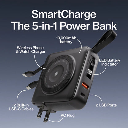 STATIK Smartcharge Gen 2: 5-In-1 Travel Power Bank | 10,000Mah Battery | Built-In Cables | Apple Watch Charger | AC Wall Plug for International Travel | Charging | Wireless