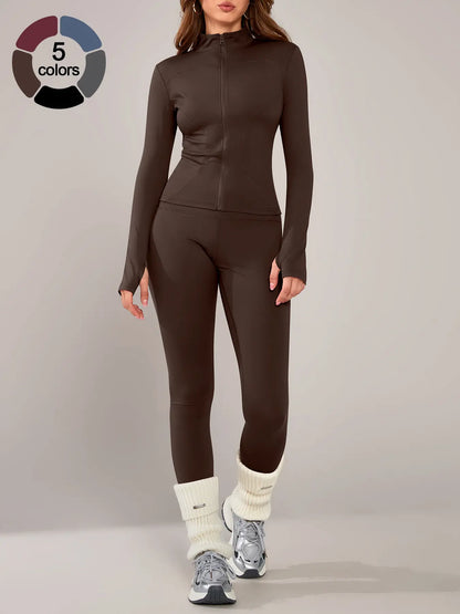 Women'S Sporty Two-Piece Set, Long Sleeve Jacket & Tight-Fit Pants, Breathable Outfit for Yoga, Fall Winter Gym Outdoor Running Clothes, Sportswear Set, Sweatsuit Set, Athleisure Sweatsuit