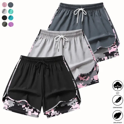 3-Pack Women’S Camo 2-In-1 5-Inch Running Shorts, Anti-Exposure Workout Shorts with Inner Pocket, Quick Dry Breathable Lightweight Fabric & Adjustable Drawstring Waist for Fitness