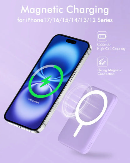 Power Bank Portable Charger Power Bank Power Bank Charger Magnetic Power Bank 5000Mah Magnetic Power Bank Magsafe Wireless Fast Charger for Iphone 12–17 Pro/Pro Max, Compact Portable Battery Pack Lithium Ion Travel Essential