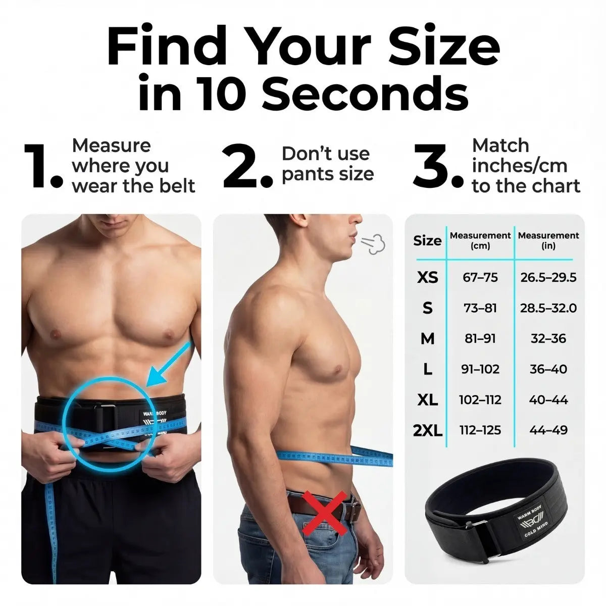 WARM BODY COLD MIND Black Nylon Weightlifting Belt 2.0 with Velcro Strap for Powerlifting, 7Mm and 5Mm Variations, Functional Training, Gym Training Sessions, Back Support Belt, Lightweight Flexible Fit, Core Stability, Quick Adjust