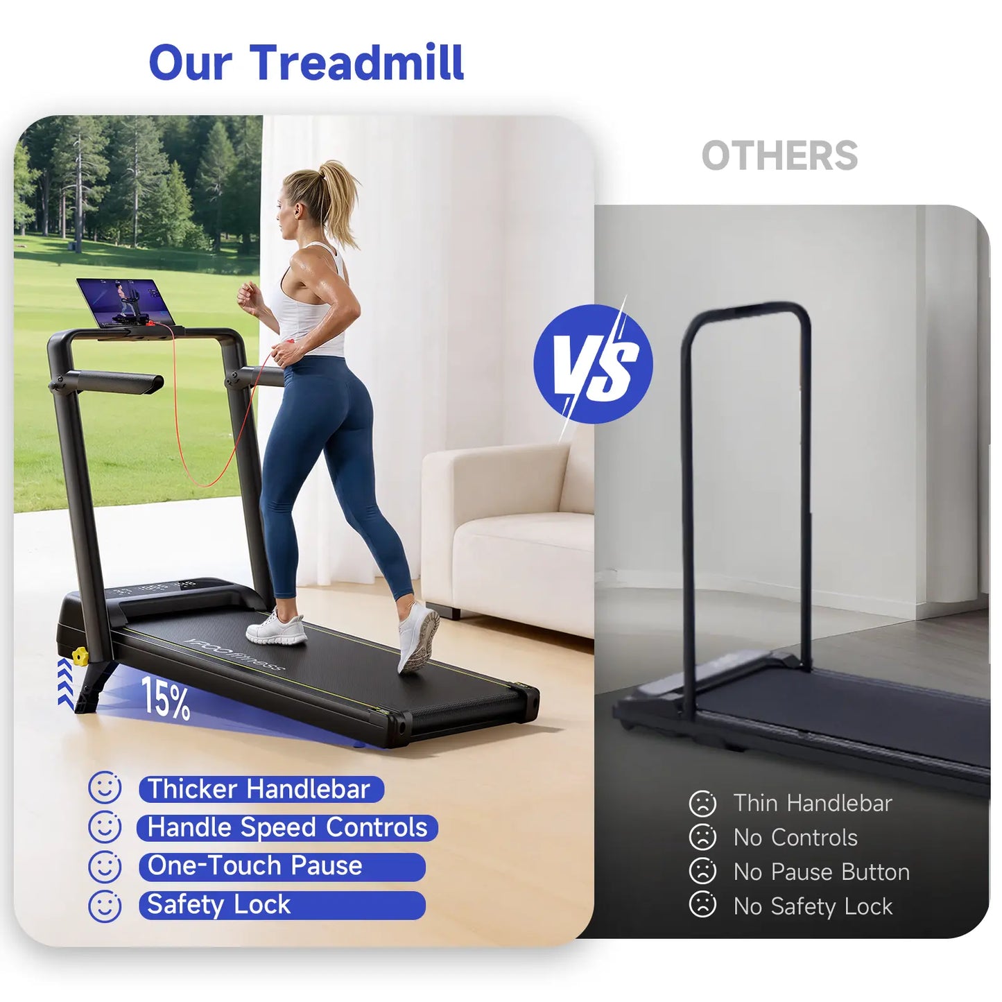 【Summervibes】Ypoo Walking Pad Treadmill with Handrails - 15% Adjustable Incline for Glutes & Legs Activation, Quiet Compact Treadmills for Home, at Home Gym Equipment for Safe Indoor Warm-Up & Daily Steps Tiktokshopspringglowup