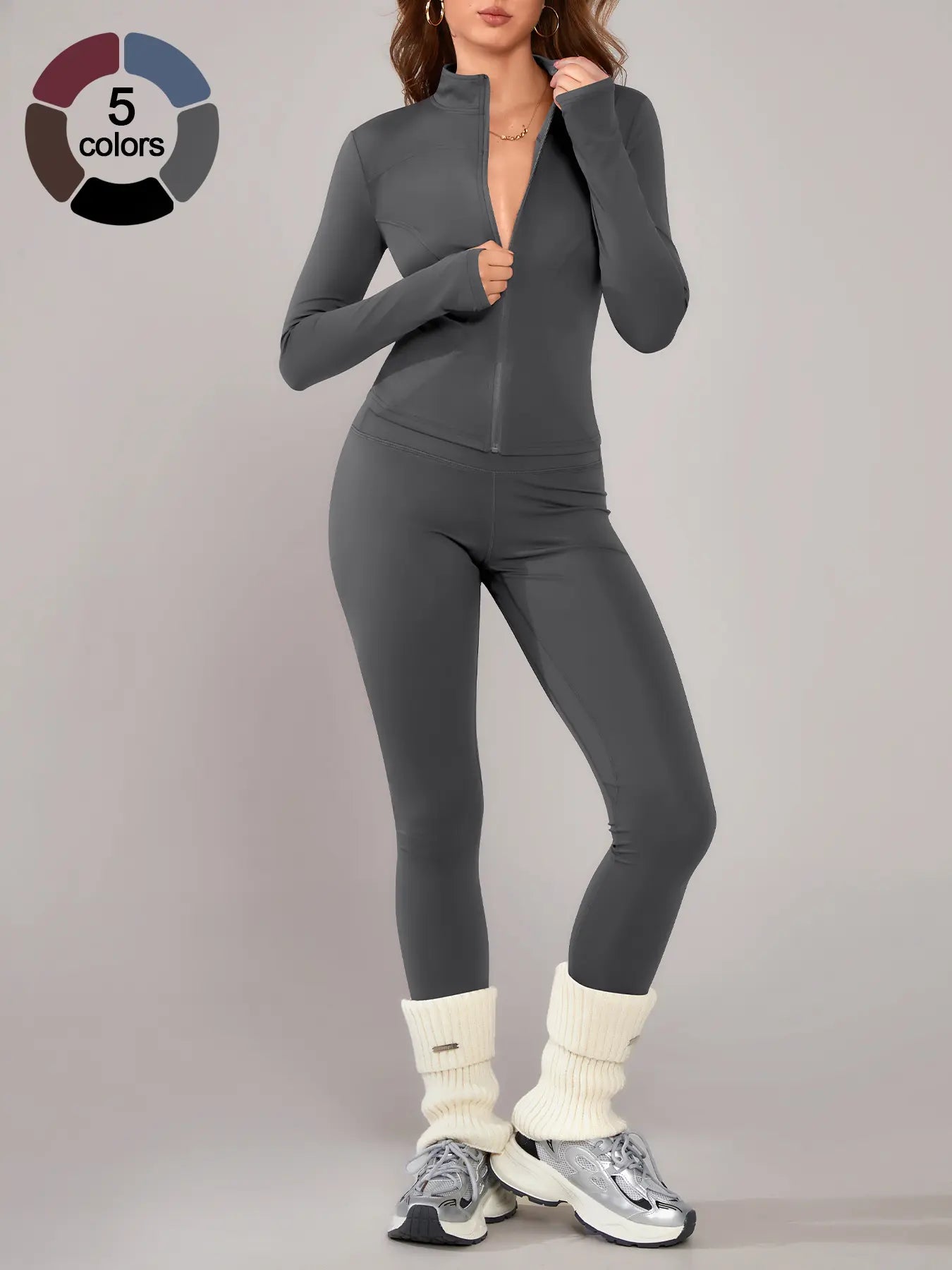 Women'S Sporty Two-Piece Set, Long Sleeve Jacket & Tight-Fit Pants, Breathable Outfit for Yoga, Fall Winter Gym Outdoor Running Clothes, Sportswear Set, Sweatsuit Set, Athleisure Sweatsuit